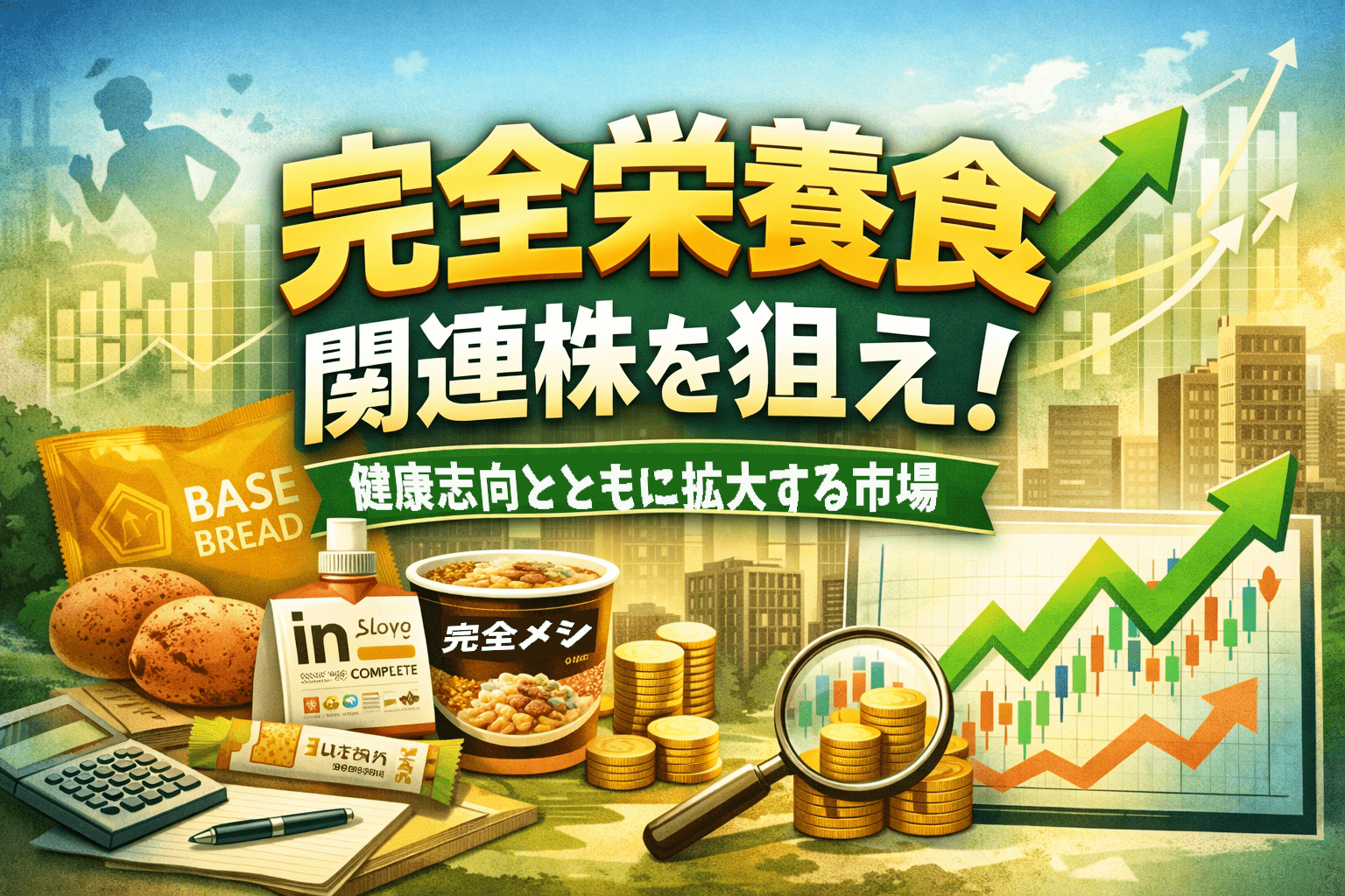 完全栄養食関連株をテーマにしたイメージ画像。BASE FOODや完全メシなどの栄養食品と株価チャートを背景に、健康志向で拡大する完全栄養食市場と関連株投資を表現したイラスト