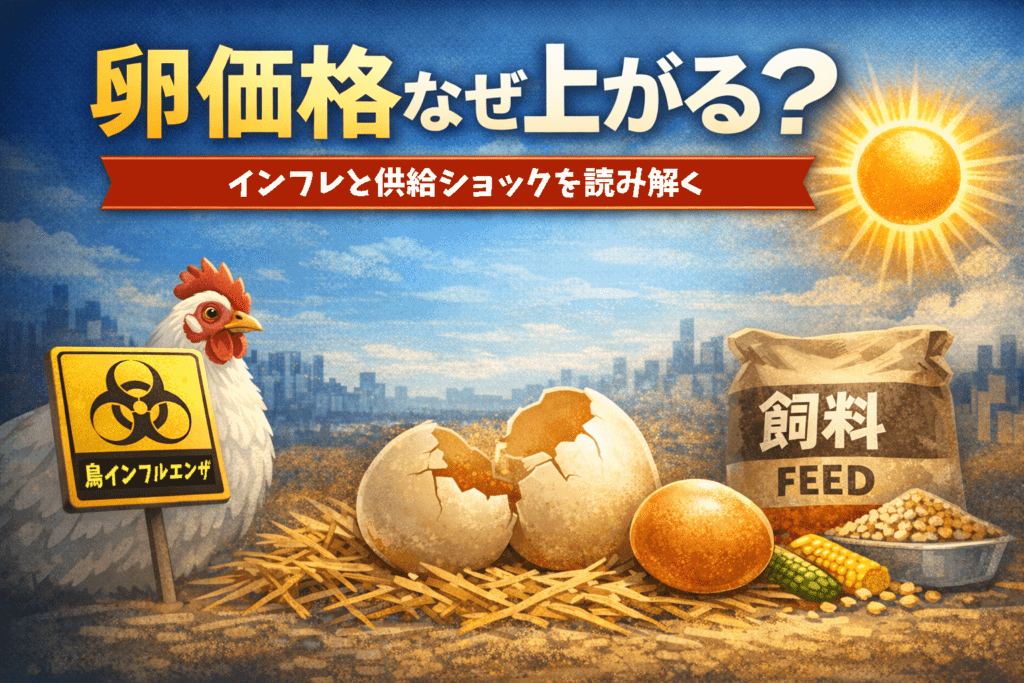鳥インフルエンザと飼料価格高騰を背景に卵価格が上昇する仕組みを解説するイラスト