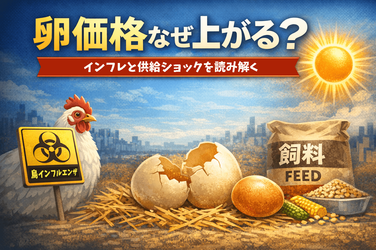 鳥インフルエンザと飼料価格高騰を背景に卵価格が上昇する仕組みを解説するイラスト