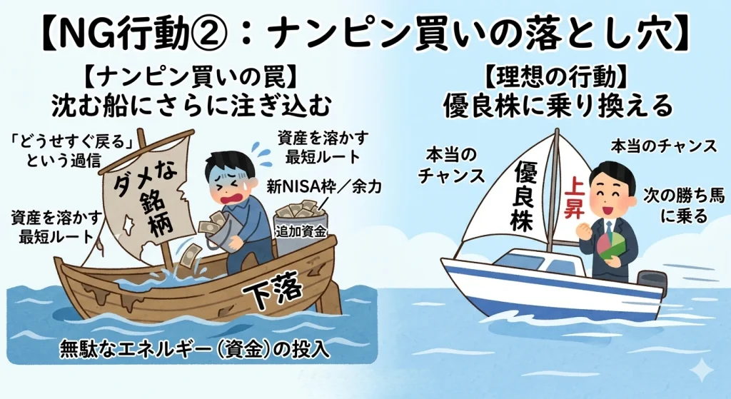 沈没しそうな泥舟（ダメな銘柄）に必死に追加資金を注ぎ込む投資家と、横をスイスイ進むヨット（優良株）の対比図解。ナンピン買いの危険性を説明するイラスト。