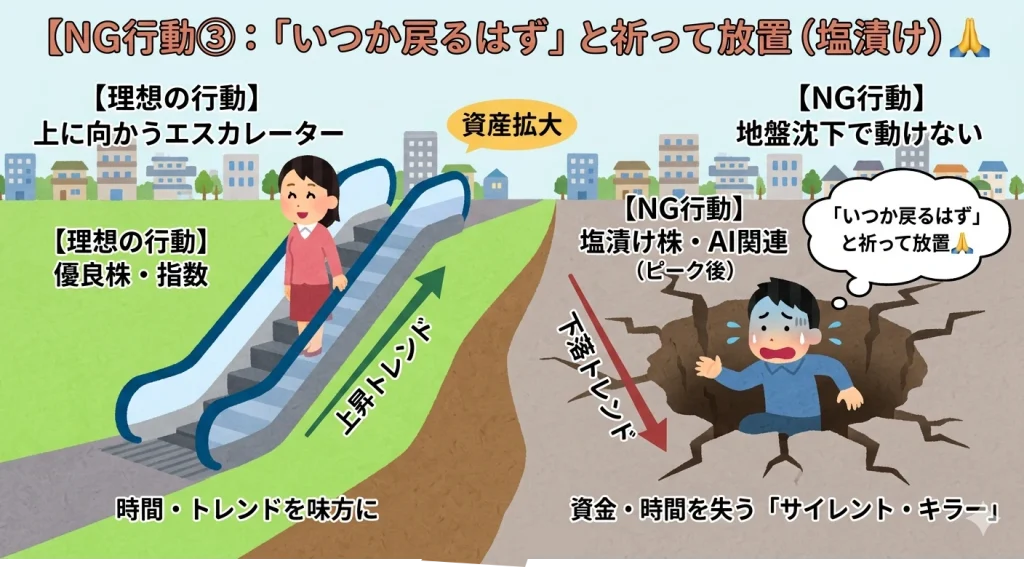 上昇トレンドのエスカレーターに乗る投資家と、地盤沈下した穴にハマって動けない投資家の対比図解。2026年の相場における個別株の二極化と、塩漬けによる機会損失を説明するイラスト。