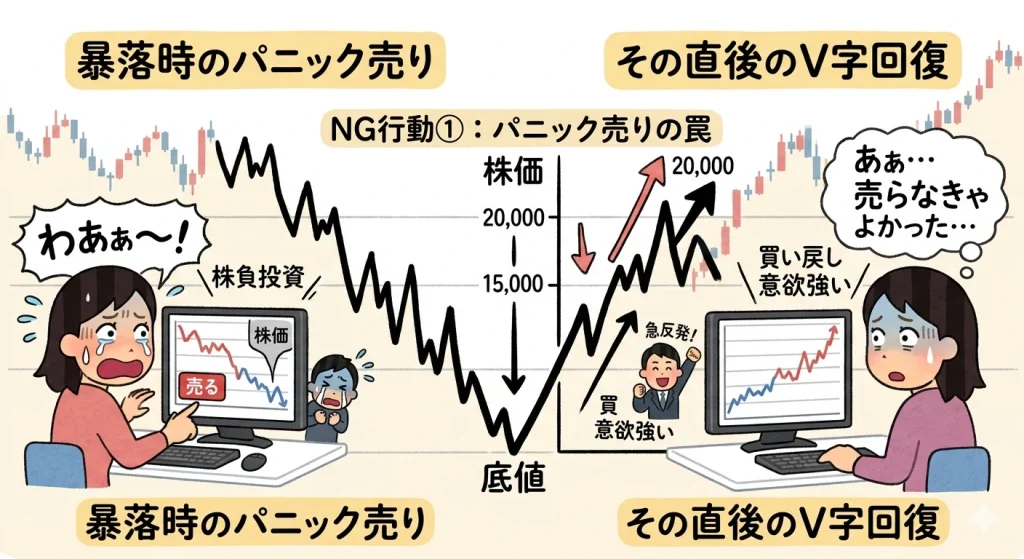 株価急落でパニック売りをした直後に相場がV字回復し、底値で売ってしまったことを後悔する投資家の図解イラスト