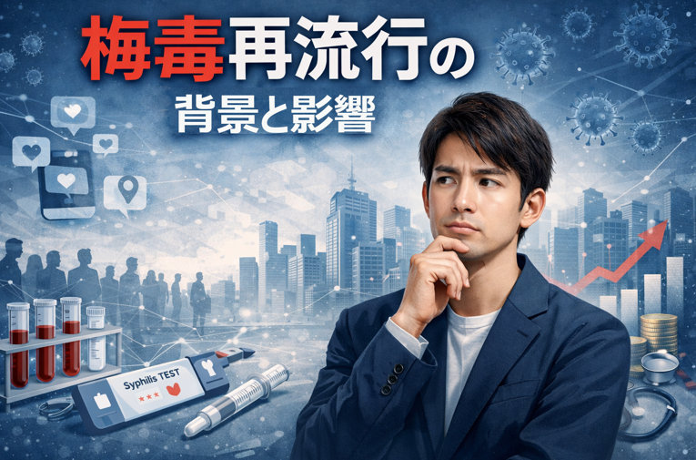 梅毒再流行をテーマに、考える若い男性と医療・社会要素のイラスト