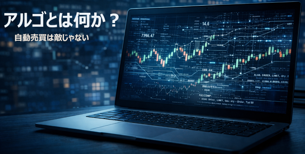 アルゴリズム取引を示すパソコン画面のイラスト。株価チャートと自動売買のコードが表示され、個人投資家がやられやすい注文や相場の特徴をイメージ