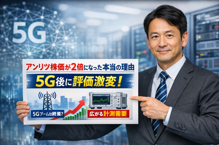 アンリツ株価2倍の理由を解説する男性と5G測定機器