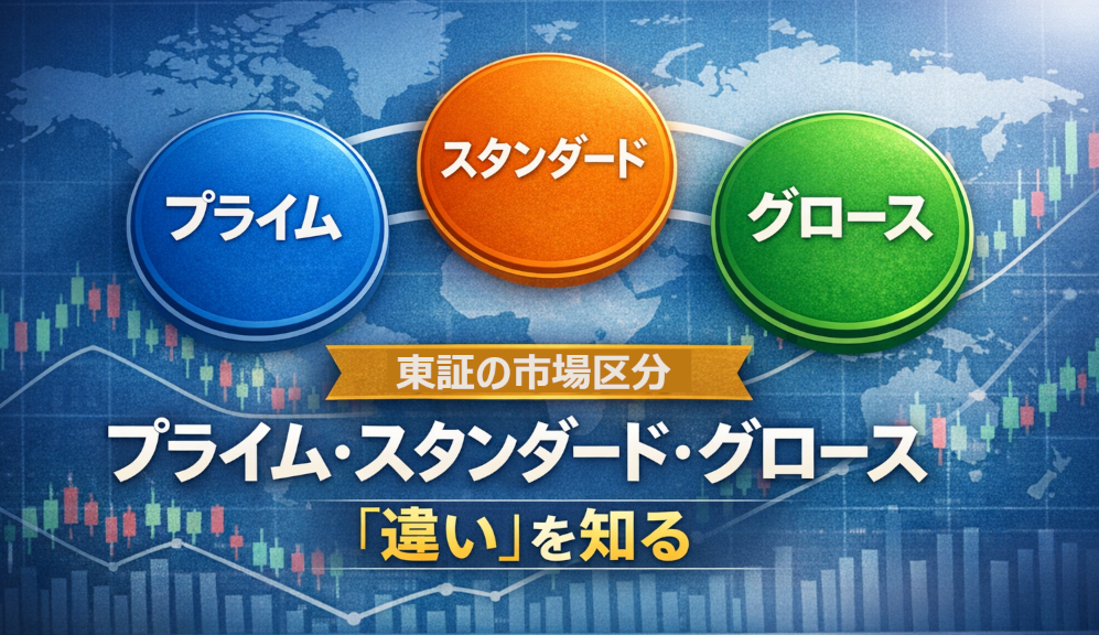 東証の市場区分であるプライム・スタンダード・グロースの違いを初心者向けに図解したイメージ