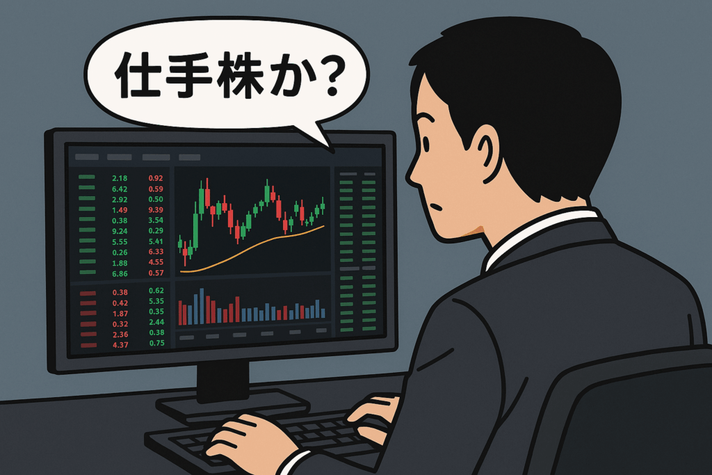 パソコンで株価の板情報を見つめる人物が描かれたイラスト。モニター画面には銘柄コードや売買板が表示されており、人物の横には『仕手株か?』という吹き出しが浮かんでいる。