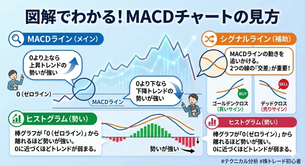 MACDチャートの見方を解説する図解。0ラインを基準に、MACDラインとシグナルラインの位置関係、ヒストグラムが示すトレンドの強弱、およびゴールデンクロス（買いサイン）とデッドクロス（売りサイン）を視覚的に示している。