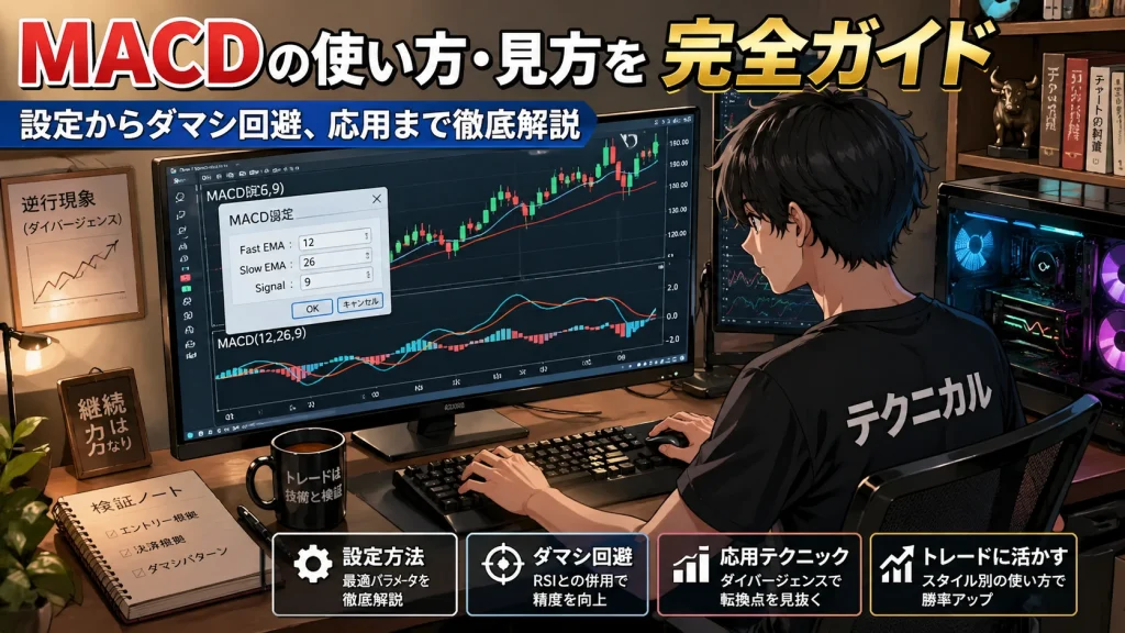 MACDの設定画面を見ながらトレードする個人投資家｜自宅PCでテクニカル分析を行う様子（MACDの使い方・ダマシ回避・ダイバージェンス解説）