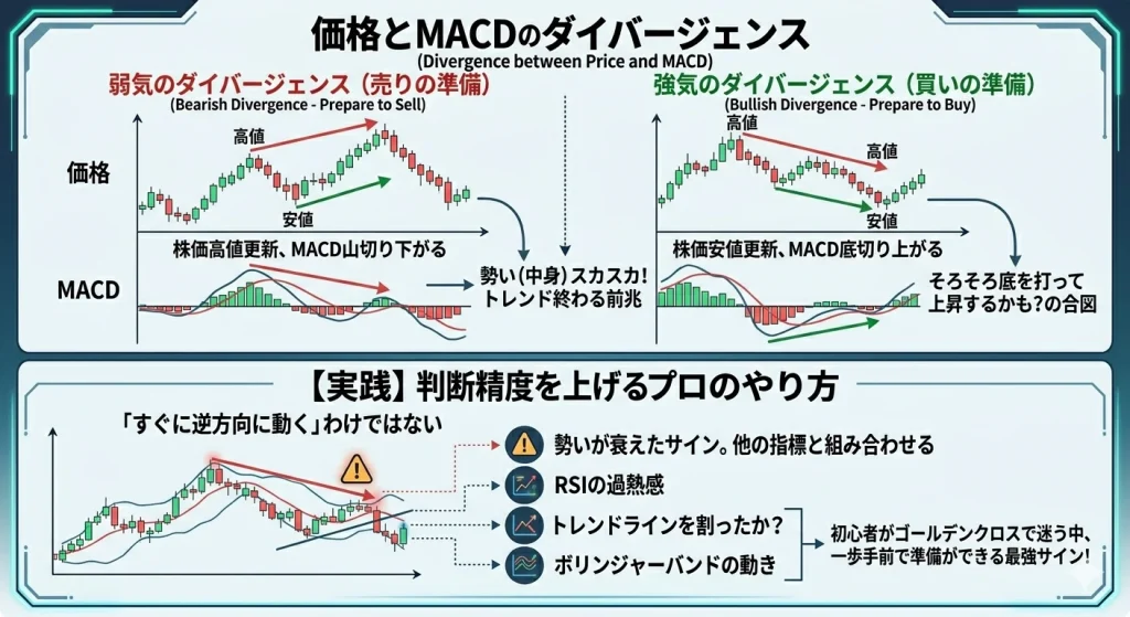 MACDと価格のダイバージェンス（逆行現象）の解説図。株価高値更新時にMACDの山が下がる「弱気のダイバージェンス（売り）」と、株価安値更新時にMACDの底が上がる「強気のダイバージェンス（買い）」を対比。