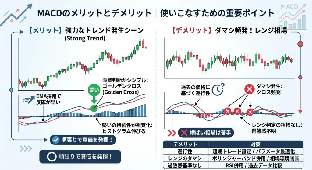 MACDのメリットとデメリットを対比する図解。左側はトレンド相場でのMACDの有効性（ゴールデンクロスとヒストグラムの伸び）、右側はレンジ相場でのダマシ（クロス頻発）を示し、下部表でデメリットに対する具体的な対策（パラメータ最適化・ボリンジャーバンド併用・RSI併用）をまとめている。