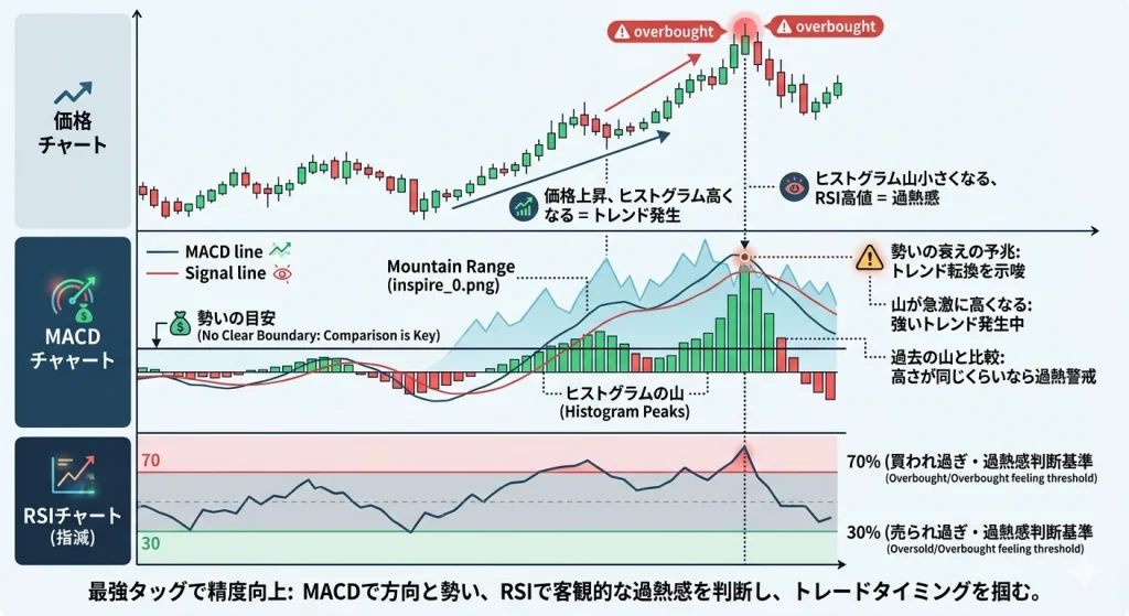 MACDとRSIを併用したテクニカル分析チャート。価格チャート、MACDヒストグラムの山、RSI（70%）の過熱感サインを示し、売り時を判断する視覚的な解説図。