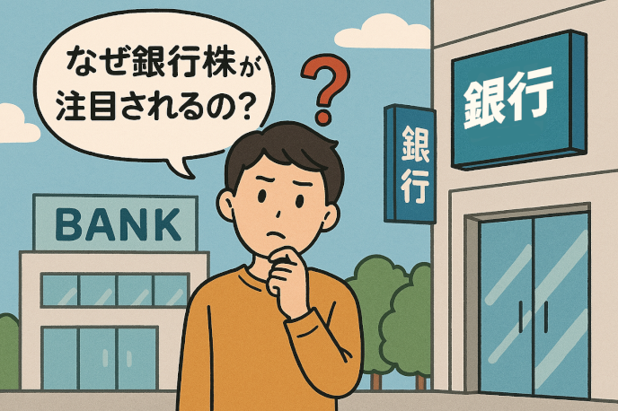 なぜ銀行株が注目されるのか銀行の前で不思議がる男性
