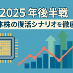 半導体復活の兆しを示す2025年後半の株価チャートと半導体のイラスト