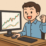 MACDの分析が成功し、成果に喜ぶ投資家のイラスト