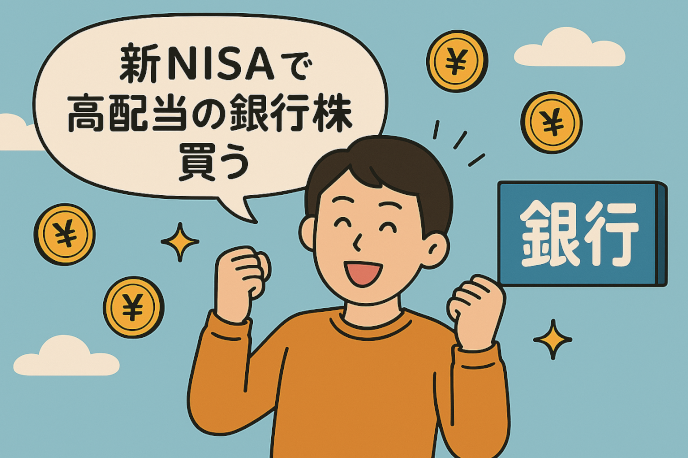 高配当の銀行株を新NISAで買って喜ぶ男性のイラスト【2025年】