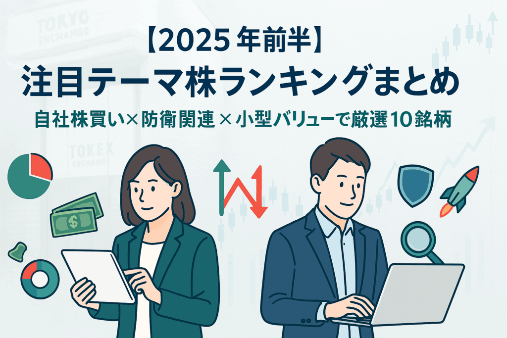 2025年前半の注目テーマ株ランキングまとめのトップ画像。背景に東京証券取引所と株価チャートが薄く映り、PCやタブレットで情報を分析する男女の投資家イラスト。自社株買い、防衛関連、小型バリューのアイコンが散りばめられている。