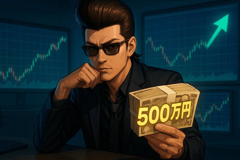 リーゼントの男性が500万円を手に持ち、PCのトレード画面を見つめるイラスト。専業トレーダーの力強いイメージ。