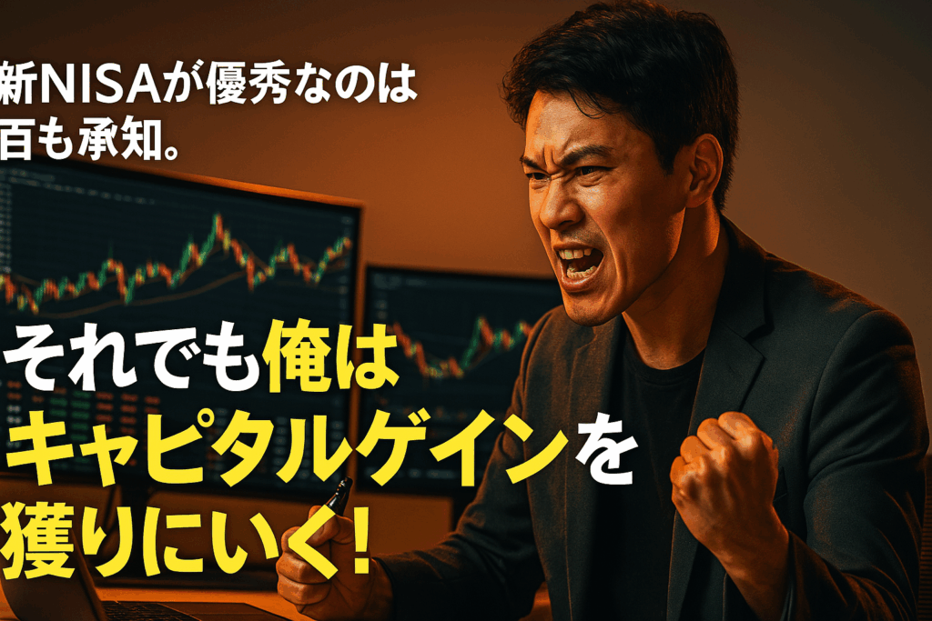 キャピタルゲインを狙う短期トレーダーが画面越しにチャートを凝視している姿。新NISAとの攻守分離戦略を体現する熱い眼差し。