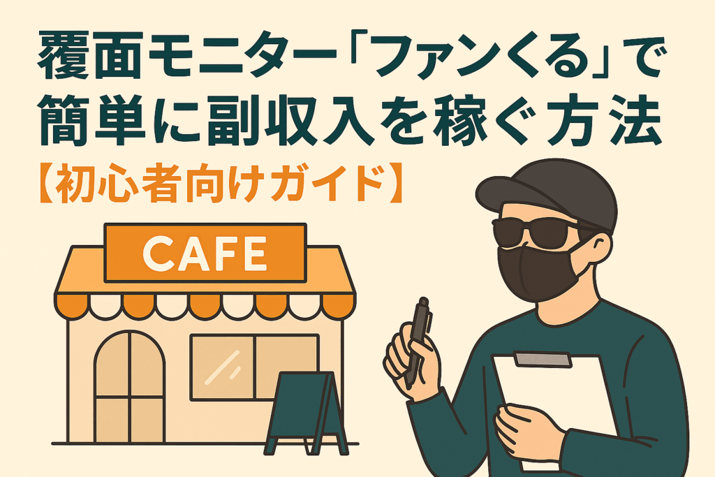 マスクとサングラスを着用した覆面モニターが飲食店で調査をしている様子。店内の雰囲気を観察しながらメモを取っている姿。記事タイトル「覆面モニター『ファンくる』で簡単に副収入を稼ぐ方法【初心者向けガイド】」入り。