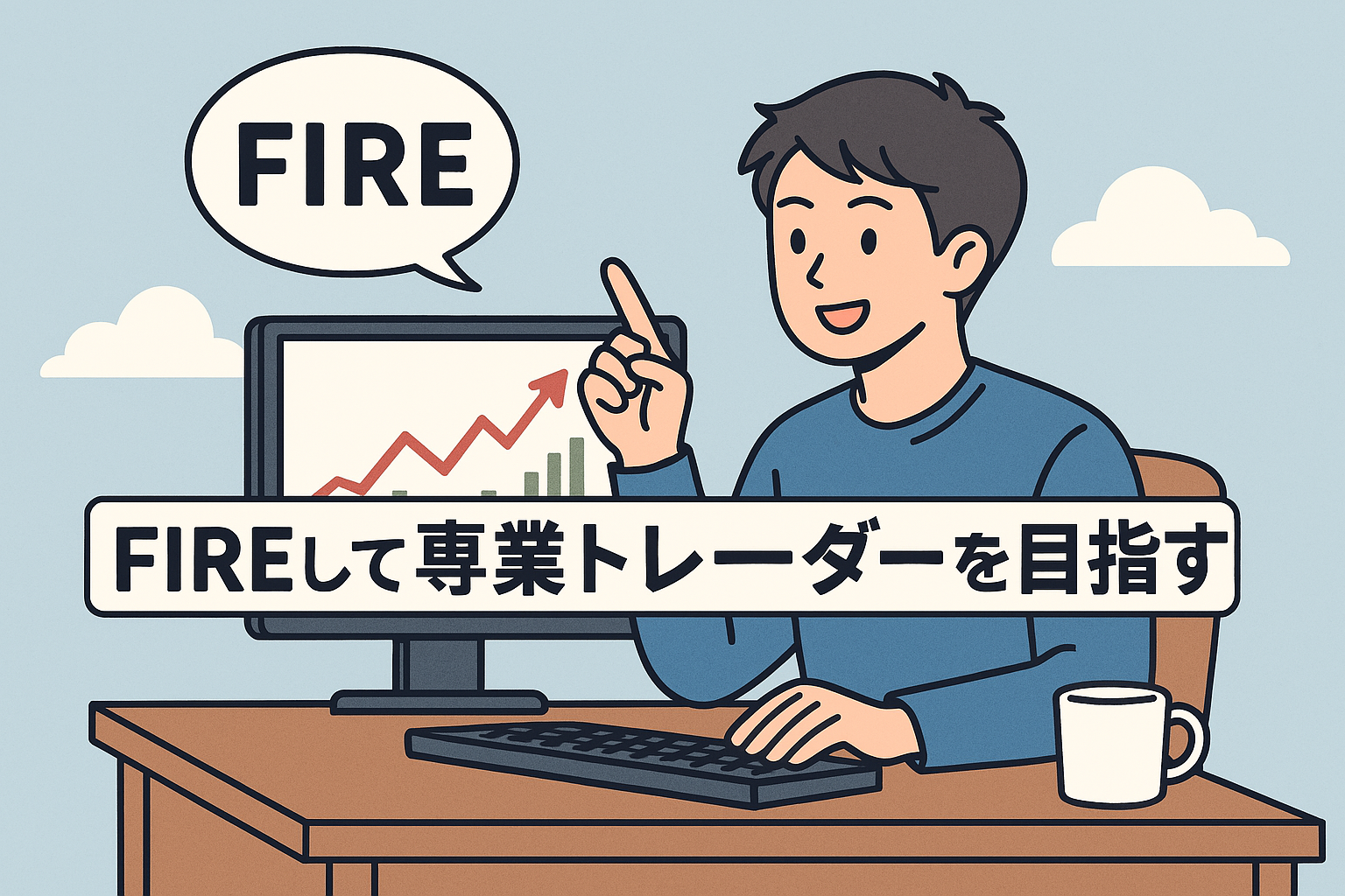 FIRE後の自由な日常を過ごす専業トレーダー風の人物が、ノートパソコンで株価チャートを確認している様子。