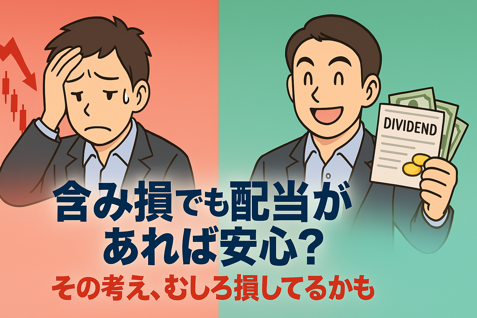 左側に赤い下降チャートの前で困惑した表情の30〜40代男性投資家の漫画風イラスト。右側には微笑みながら紙幣や配当通知書を見つめる同年代の投資家の漫画風イラスト。背景は左が赤〜ピンク系、右が青〜緑系のグラデーションで感情の対比を演出。中央下部に『含み損でも配当があれば安心？』『その考え、むしろ損してるかも』というキャッチコピーが半透明の背景付きで配置されている。