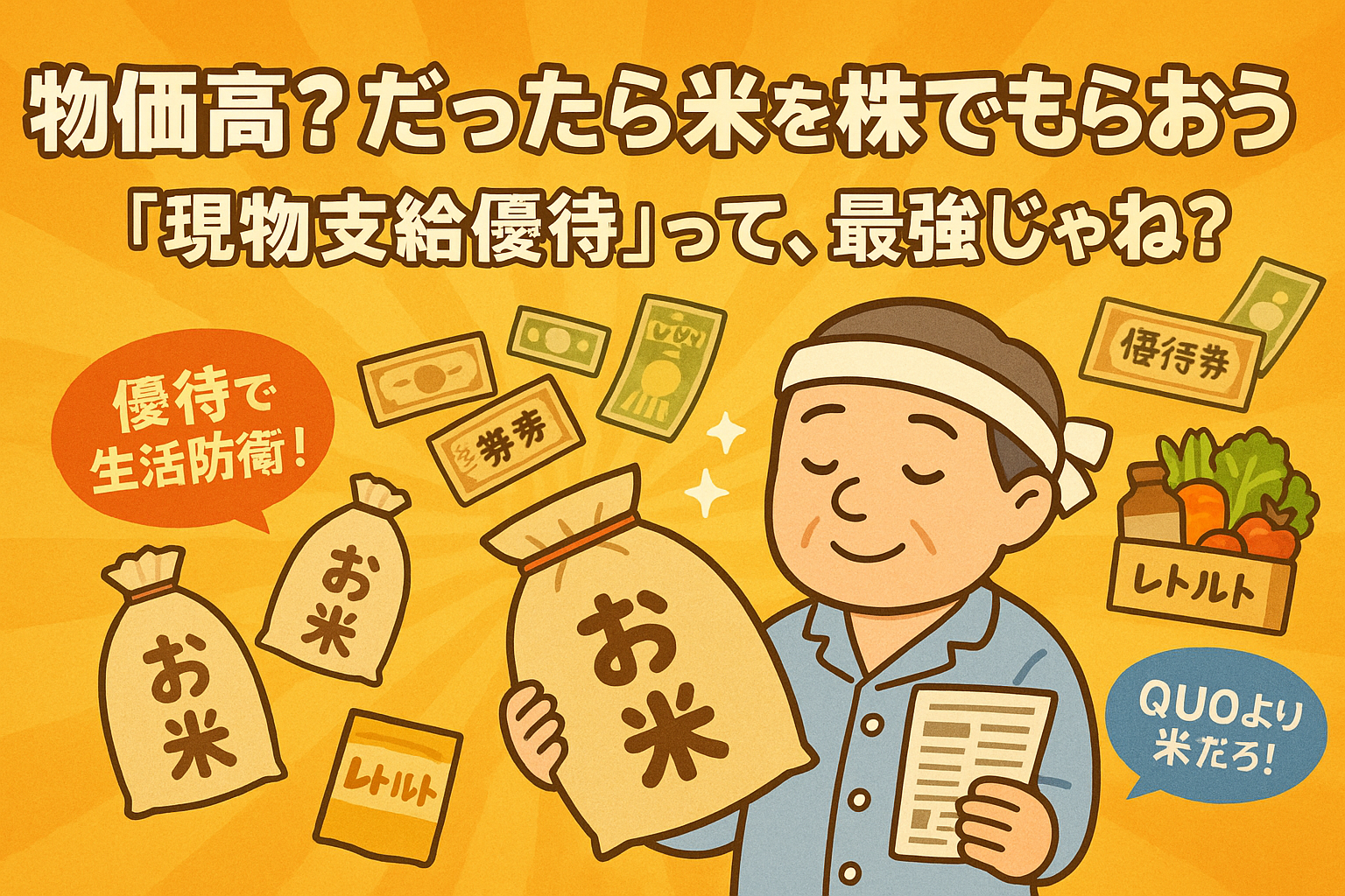 物価高対策として株主優待でお米をもらう男性のイラスト。現物支給優待の魅力を伝える画像
