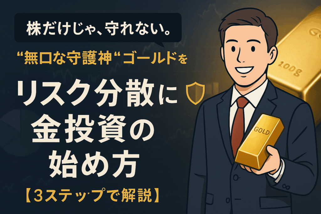 ビジネスカジュアルの人物が微笑みながら金の延べ棒を差し出し、『守りの資産で、資産全体を安定化!』と話すイラスト