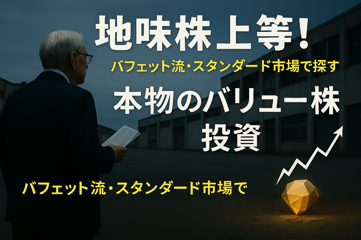 画像上部には「地味株上等！バフェット流・スタンダード市場で探す“本物のバリュー株投資”」という日本語のタイトルが白と黄色の文字で表示されている。全体的に落ち着いた色調で、地味ながらも力強い投資テーマを表現している。