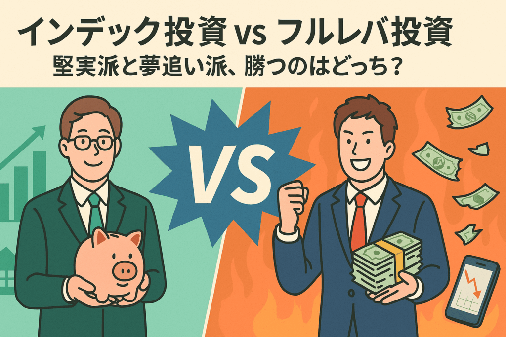 インデックス投資とフルレバ投資を比較するイラスト。左側に貯金箱を持った堅実な投資家、右側に札束とスマホを持った夢追いの投資家が描かれ、「VS」の文字で対比を強調。