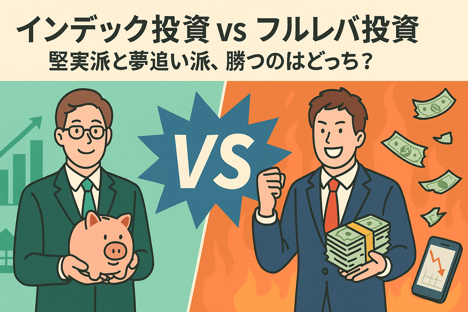 インデックス投資とフルレバ投資を比較するイラスト。左側に貯金箱を持った堅実な投資家、右側に札束とスマホを持った夢追いの投資家が描かれ、「VS」の文字で対比を強調。