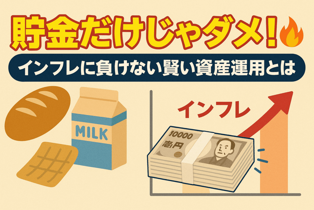 インフレ時代に貯金だけでは危険だと訴えるメッセージ。資産運用の重要性を強調する強いタイトルが中央に配置された画像