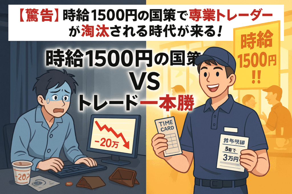 「左に青ざめた専業トレーダー、右に笑顔の時給1500円労働者を対比。背景色は不安(青・灰)と安定(黄・橙)のコントラスト。中央に『警告』と『淘汰』の赤黒テキストが浮かぶ緊張感ある構図。」