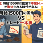 「左に青ざめた専業トレーダー、右に笑顔の時給1500円労働者を対比。背景色は不安（青・灰）と安定（黄・橙）のコントラスト。中央に『警告』と『淘汰』の赤黒テキストが浮かぶ緊張感ある構図。」