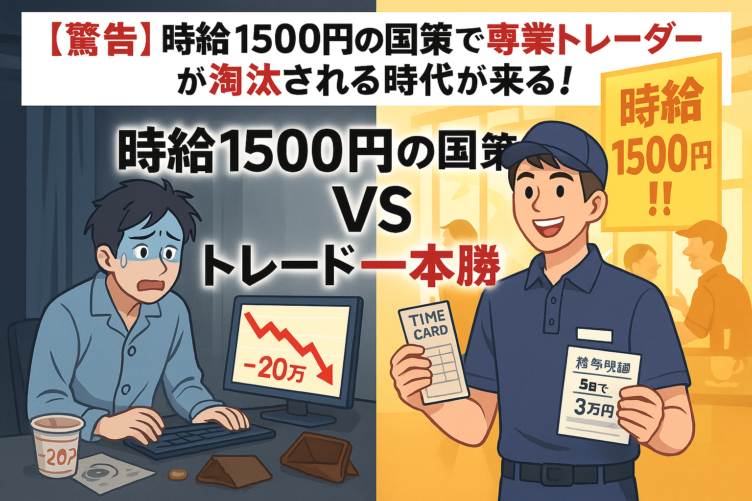 「左に青ざめた専業トレーダー、右に笑顔の時給1500円労働者を対比。背景色は不安（青・灰）と安定（黄・橙）のコントラスト。中央に『警告』と『淘汰』の赤黒テキストが浮かぶ緊張感ある構図。」