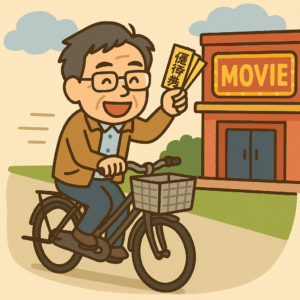 株主優待券を片手に自転車をこいで映画館に向かう桐谷広人氏。投資生活を楽しむ姿をユーモラスに描いたイラスト。