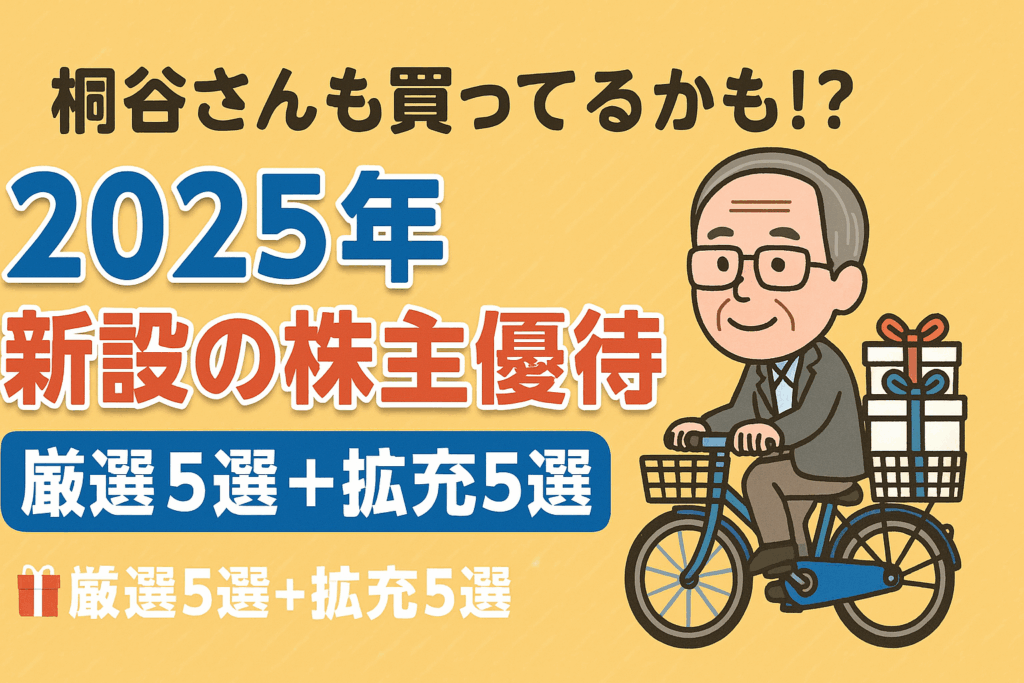 スーツ姿の高齢男性がプレゼント箱を載せた自転車で走るイラスト。背景は黄色で、「桐谷さんも買ってるかも!? 2025年 新設の株主優待 厳選5選＋拡充5選」という日本語の見出しが大きく表示されている。