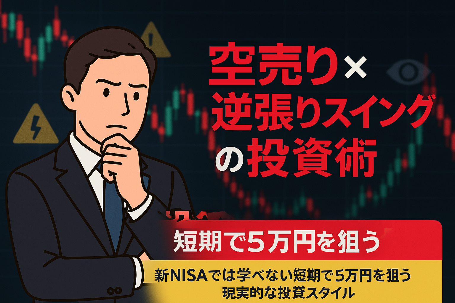 "空売りと逆張りスイングトレードで短期5万円を狙う投資戦略を考える男性投資家のイラストと、株価チャートが背景に表示されたイメージ画像"