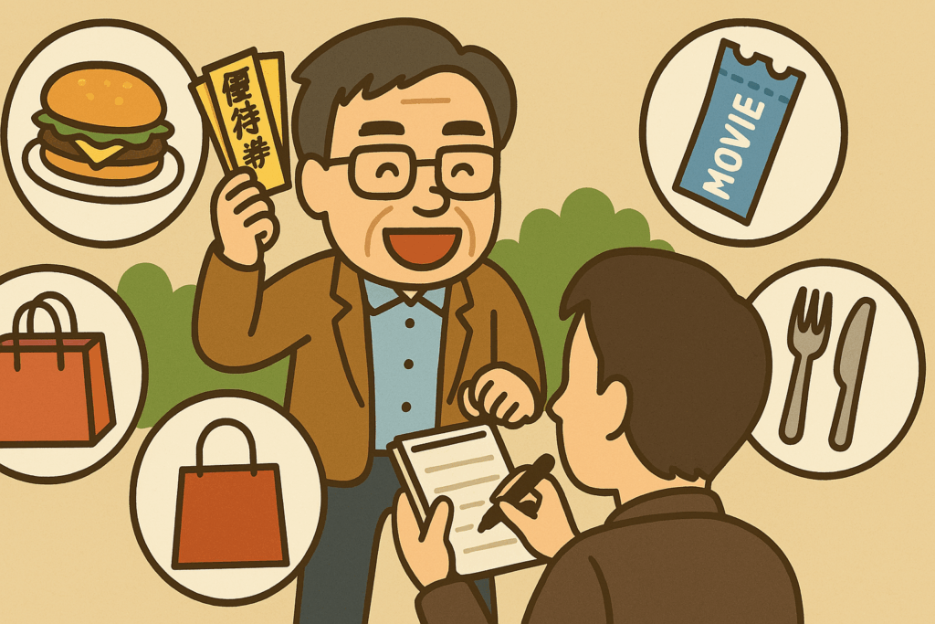 大量の株主優待に囲まれた桐谷広人氏。その様子を真剣にメモする一般投資家の姿。優待投資の学びを象徴するイラスト。