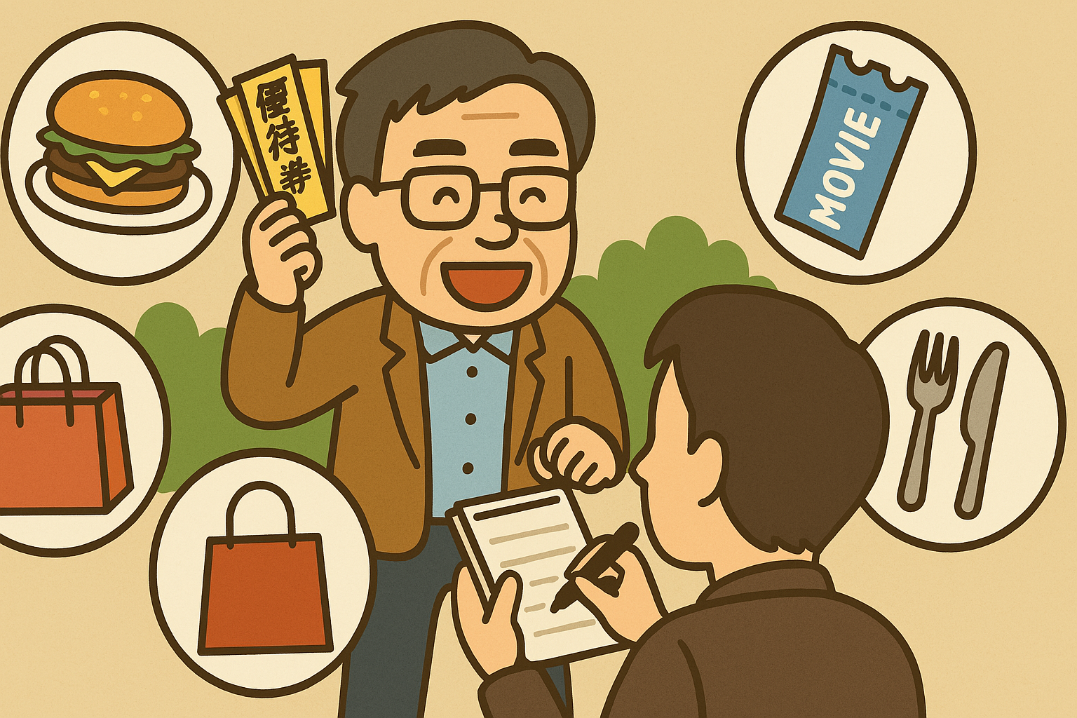 大量の株主優待に囲まれた桐谷広人氏。その様子を真剣にメモする一般投資家の姿。優待投資の学びを象徴するイラスト。