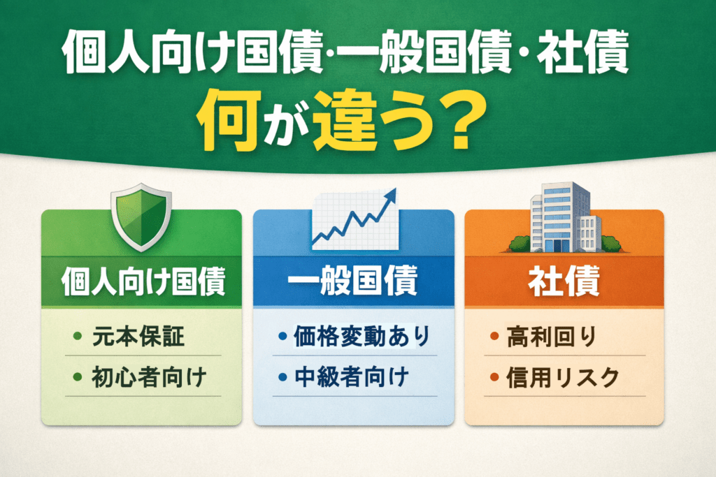 個人向け国債・一般国債・社債の違いを比較した図解。元本保証・価格変動・信用リスクの違いを初心者向けに解説