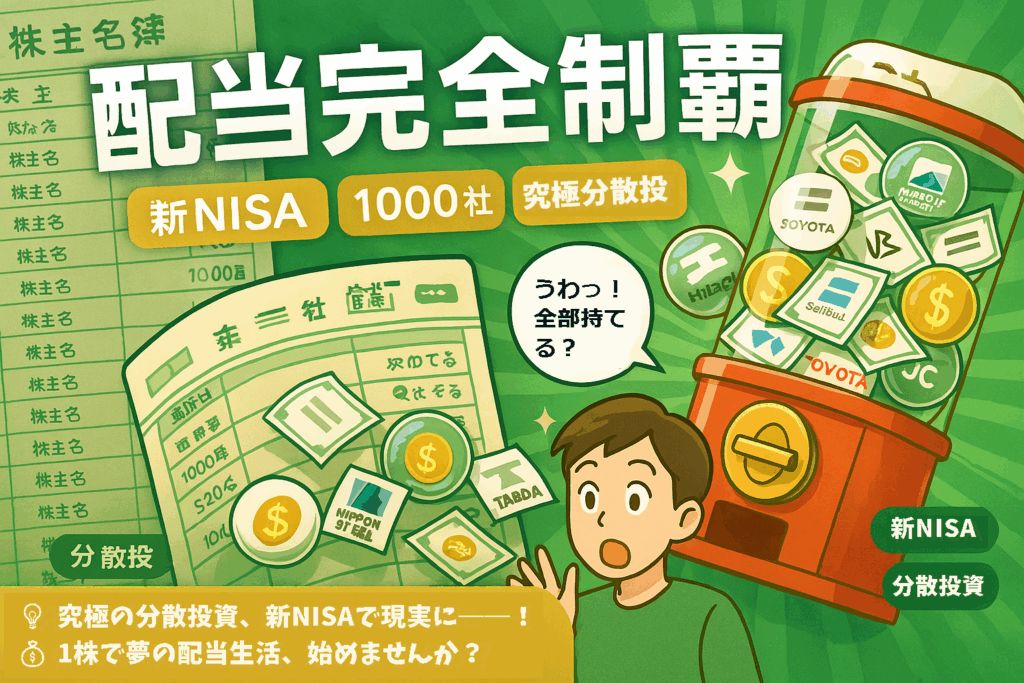 新NISAの単元未満株で1000社の株主になる夢を描いた、配当完全制覇ガチャ風トップ画像