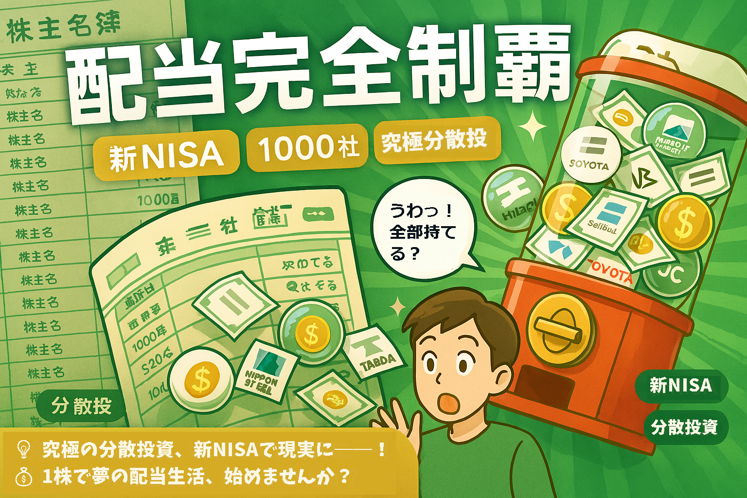 新NISAの単元未満株で1000社の株主になる夢を描いた、配当完全制覇ガチャ風トップ画像