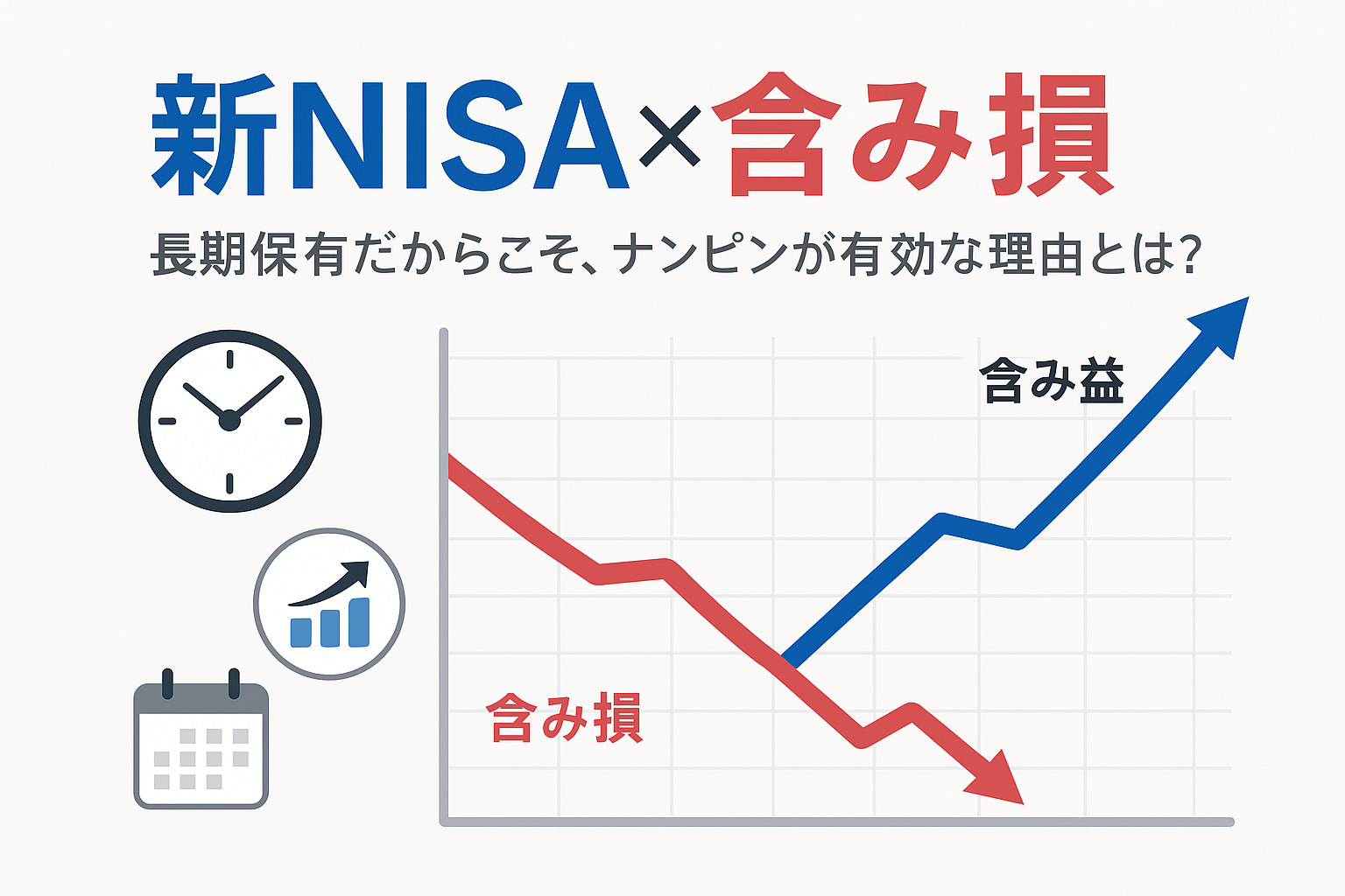 「新NISA×含み損」をテーマにしたビジュアル:株価チャートが上下に波打ち、ナンピン買いで含み損をリカバリーしている流れを表現。時計やカレンダーのアイコンで長期保有を示し、新NISAのロゴと金融らしい青系カラーが信頼感を演出。赤字と黒字の差が分かるミニグラフも配置された、シンプルでモダンな構成。