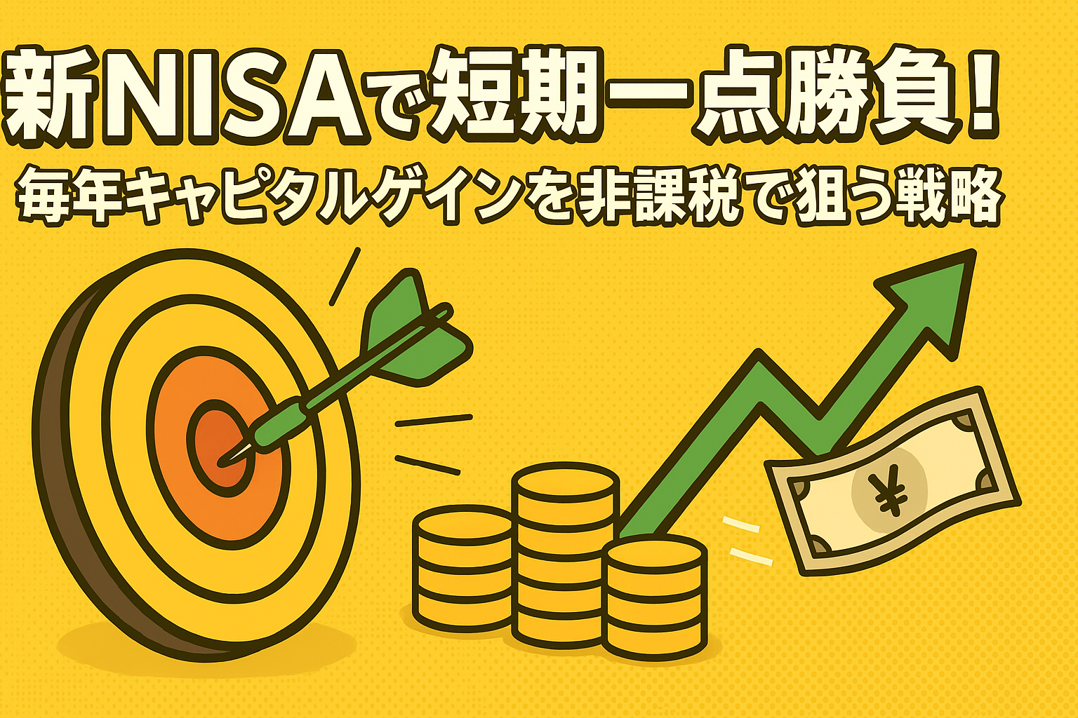 新NISAによる短期集中投資をイメージしたダーツとチャートのイラスト（非課税でのキャピタルゲイン狙い）