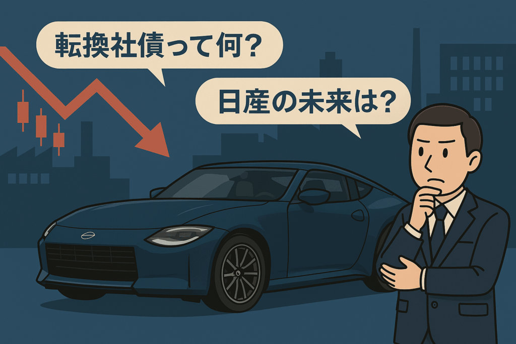 日産のスポーツカー「フェアレディZ」が中央に描かれ、背景には企業ビルのシルエットと緩やかに下落する赤い株価チャートが配置され、投資危機感を演出。車のそばにはスーツ姿の投資家が立ち、「転換社債って何?」「日産の未来は?」と吹き出しが添えられている。