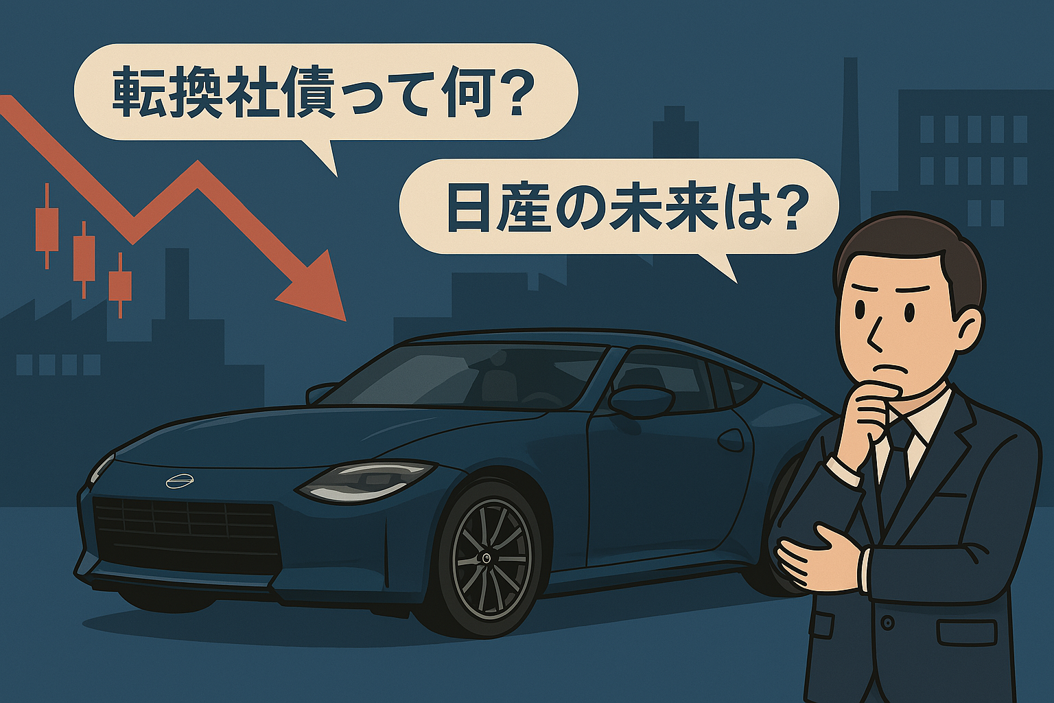 日産のスポーツカー「フェアレディZ」が中央に描かれ、背景には企業ビルのシルエットと緩やかに下落する赤い株価チャートが配置され、投資危機感を演出。車のそばにはスーツ姿の投資家が立ち、「転換社債って何？」「日産の未来は？」と吹き出しが添えられている。