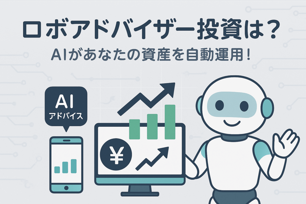 グラフやチャートを見つめる親しみやすいロボットが描かれた、青系グラデーション背景のイラスト画像。スマートフォンと資産成長を示す矢印が添えられ、ロボアドバイザー投資の自動運用と初心者の安心感を表現している。