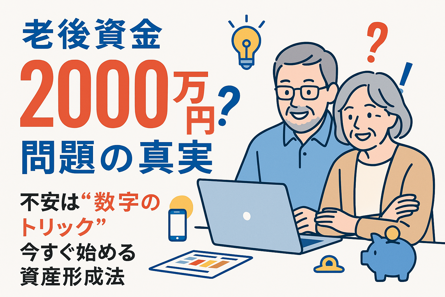 「“2000万円”が強調された青白背景の画像。シニア夫婦が資産形成を話し合う様子と家計グラフが描かれている。