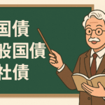 黒板を背景に、「個人向け国債」「一般国債」「社債」とチョークで書かれたテキストが並び、それらを指差しながら解説しているメガネをかけた教授風の人物のイラスト。